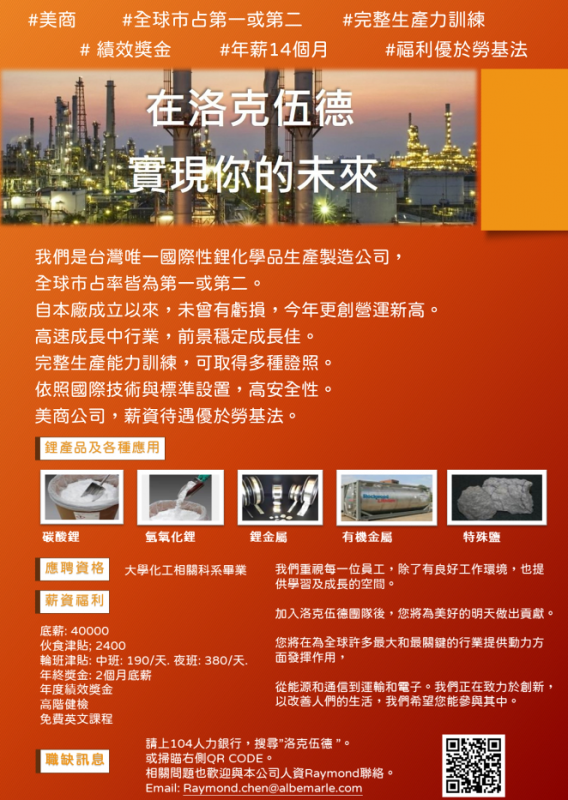 洛克伍德鋰業化工技術人員 人才招募